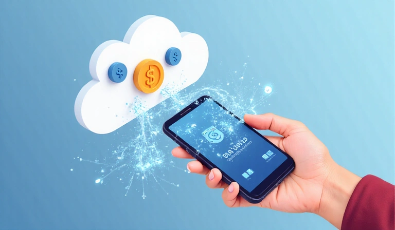 Illustration of a hand holding a smartphone, with digital currency flowing into it, representing mobile top-up.