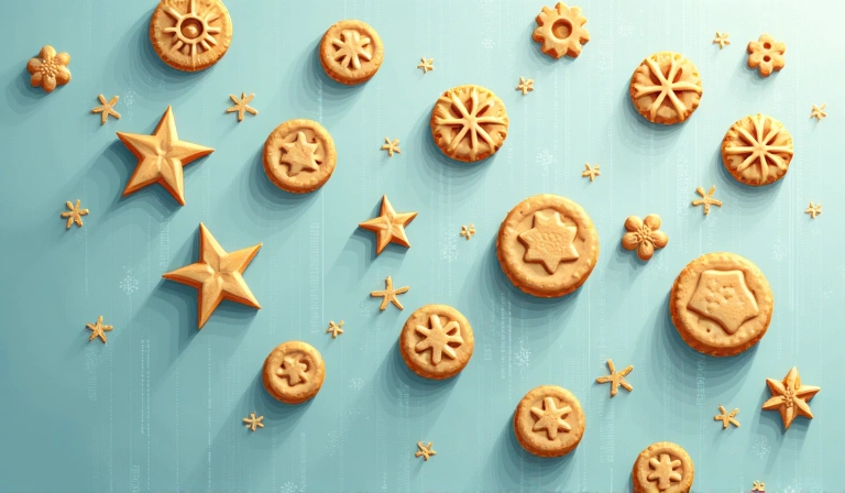 Illustration of various cookies in different shapes and sizes on a digital background, representing data collection and website functionality.